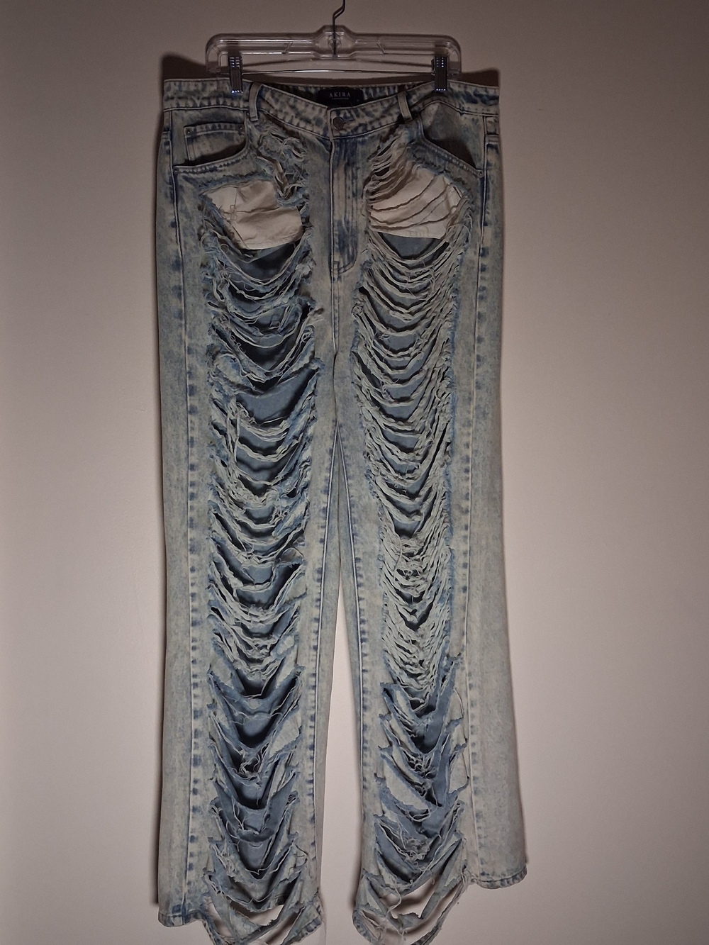 Akira Womens Acid Wash Heavily Distressed Shredded Wide Leg Jeans Light Blue 1X - Picture 5 of 16
